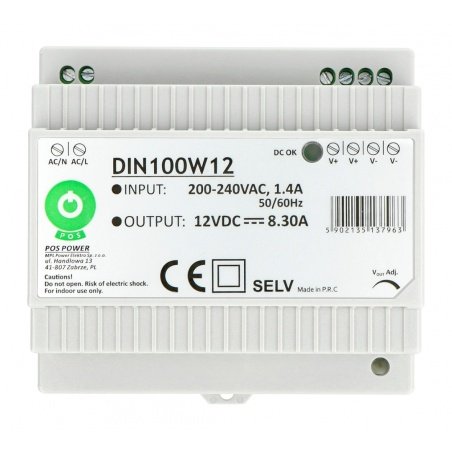 Napájecí zdroj DIN100W12 na DIN lištu - 12V / 8,3A / 100W