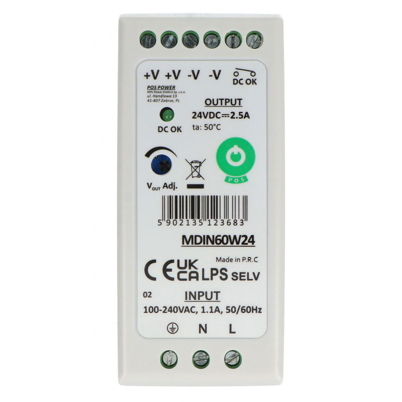 Napájecí zdroj MDIN60W24 na lištu DIN - 24V / 2,5A / 60W
