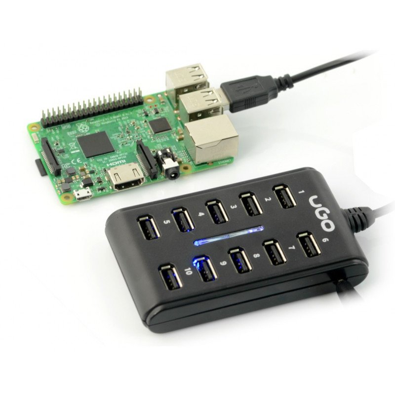 uGo UHU-1012 - aktivní HUB 10portový USB 2.0 s přepínačem a napájením 5V / 2A pro Raspberry Pi