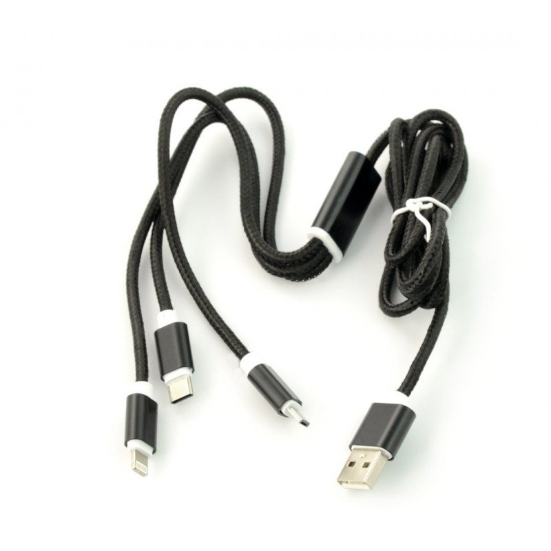 Kabel 3v1 USB typu A na micro USB, Lightning, USB typu C.