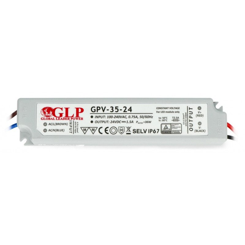 Vodotěsný napájecí zdroj pro LED pásky a pásky - GPV-35-24 24V / 1,5A / 36W