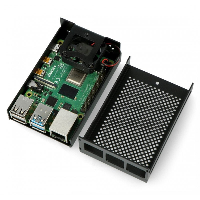 Pouzdro Raspberry Pi model 4B s ventilátorem - hliník - LT-4BA03 - černé
