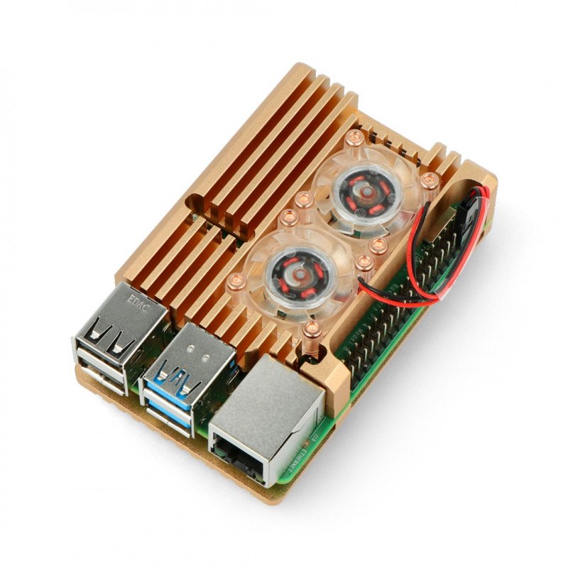 Pouzdro pro Raspberry Pi 4B se 2 ventilátory - kov - zlato