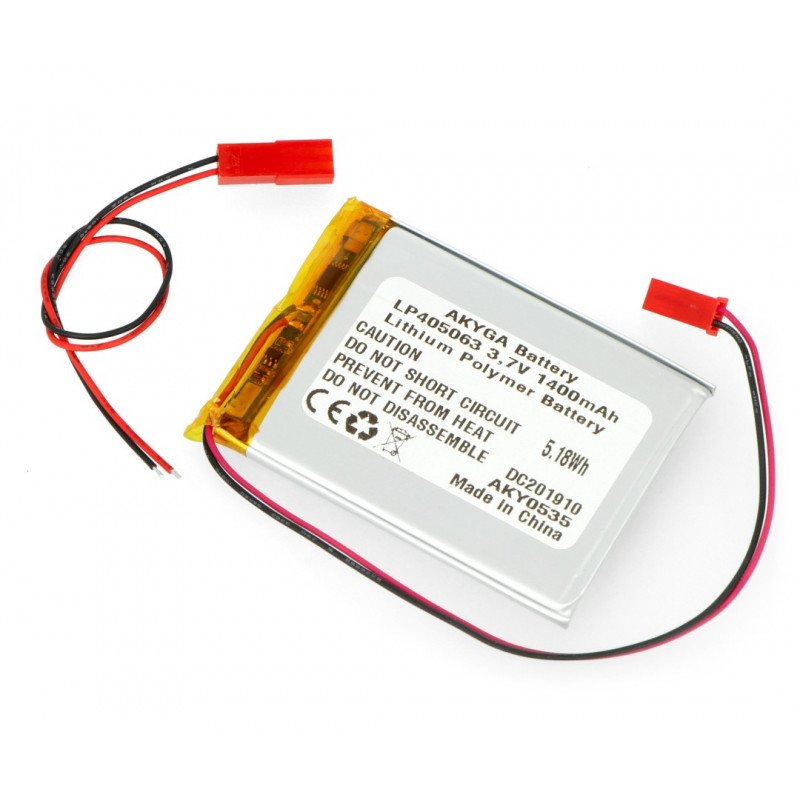 Akyga 1400mAh 1S 3,7 V Li-Pol baterie - konektor JST-BEC + zásuvka - 63x50x4mm