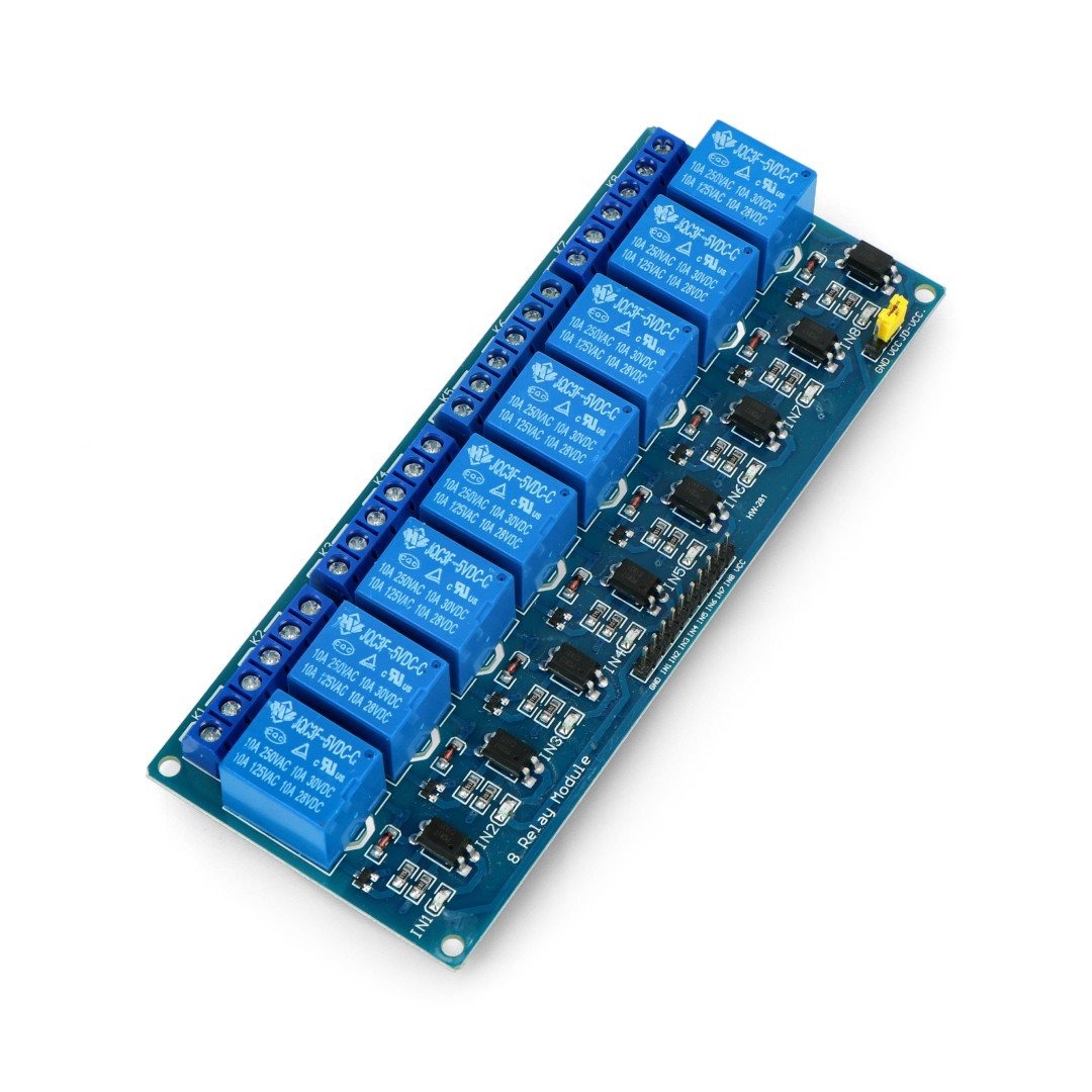 8kanálový reléový modul s optoizolací - kontakty 10A / 250VAC - cívka 5V - modrá