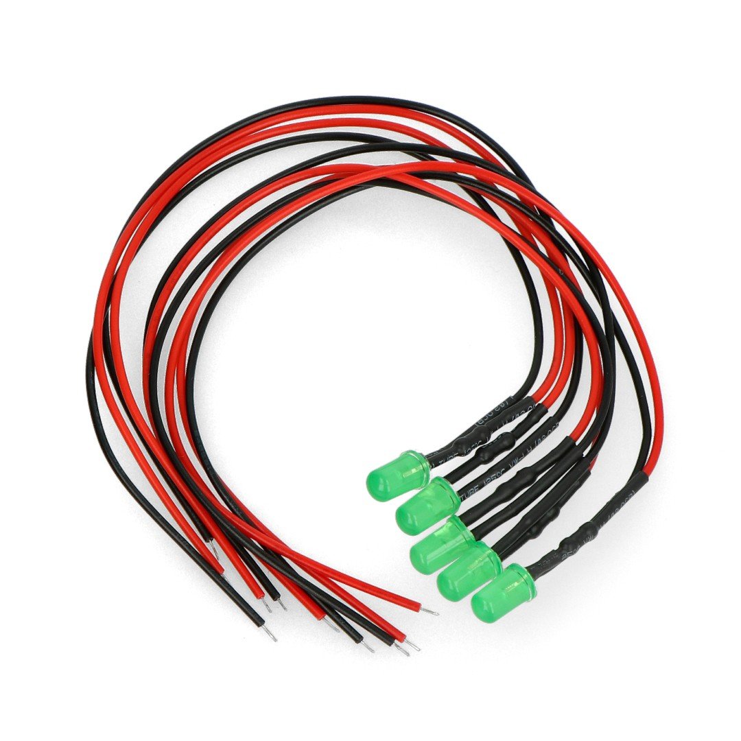 5mm 12V LED s odporem a kabelem - zelený - 5ks