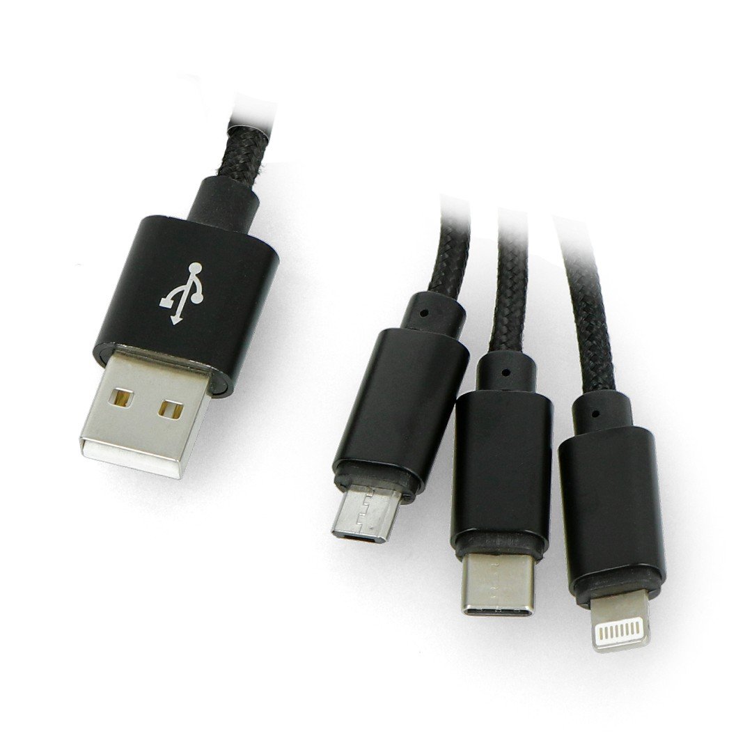 Kabel Maxlife Nylon 3v1 USB typu A - microUSB + blesk + USB typu C - černý - 1m