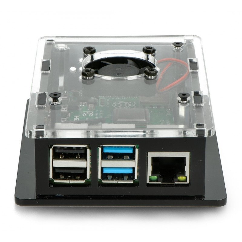 Pouzdro pro Raspberry Pi 4B box V2 na DIN lištu - černé a průhledné + ventilátor