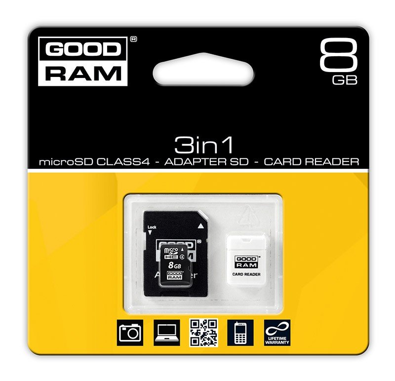 Goodram 3v1 - 8GB paměťová karta microSD třídy 4 + adaptér +