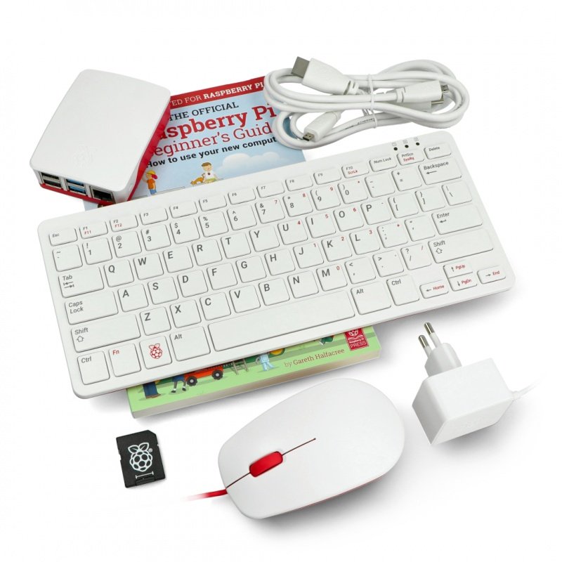 Sada pro stolní počítače Raspberry Pi 4B 4 GB RAM s krytem, klávesnicí a myší v červené a bílé barvě