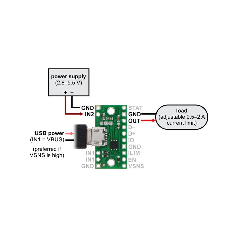 Napájecí konektor MicroUSB s multiplexerem TPS2113A - Pololu
