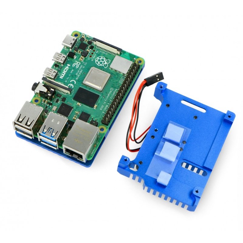 Pouzdro JustPi pro Raspberry Pi 4B - hliníkové se dvěma ventilátory - modré