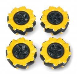 Sada kol Mecanum - 80 mm - 4 kusy - černá / žlutá s válečky -