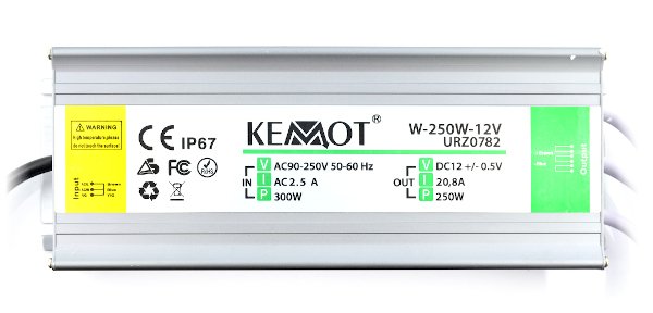 Napájecí zdroj W-250W-12V pro LED pásky a pásky vodotěsné IP67 - 12V / 20,8A / 250W