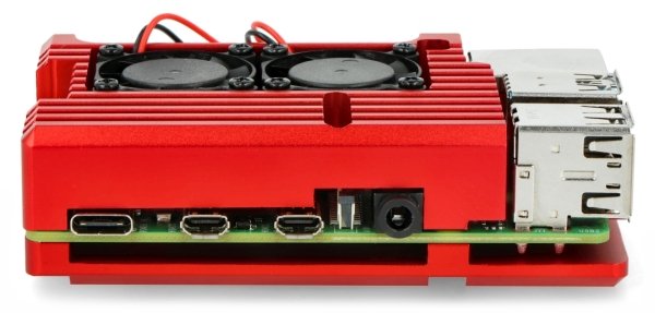 Pouzdro pro Raspberry Pi 4B - hliníkové se dvěma ventilátory - červené