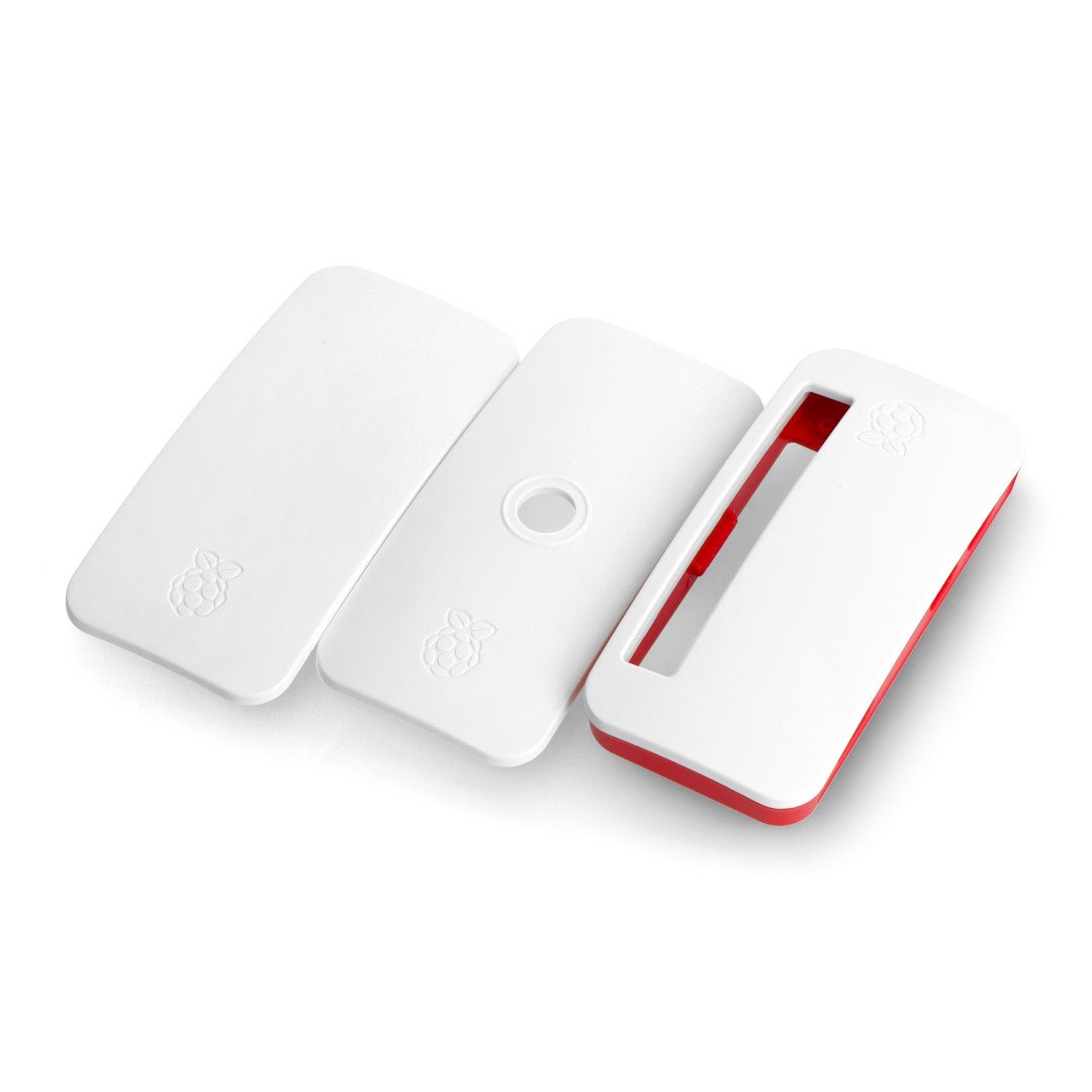 Bílé a červené pouzdro pro Raspberry Pi Zero.