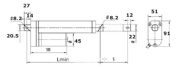 Rozměry lineárního pohonu LA-T5