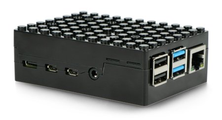 Pouzdro Pi-Blox pro Raspberry Pi 4B má otvory, které umožňují přístup ke všem pinům minipočítače.