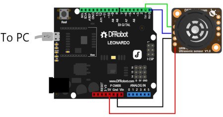 Příklad připojení senzoru k desce DFRobot Leonardo - derivát Arduino. Deska není součástí sady, lze ji zakoupit samostatně v našem obchodě.