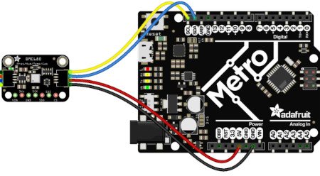 Schéma připojení senzoru k desce Metro - což je ekvivalent Arduina. Deska Metro není součástí sady, lze ji zakoupit samostatně v našem obchodě.