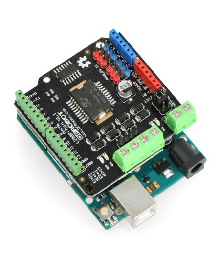 Propojení štítu s Arduino. Deska Arduino není součástí sady, lze ji zakoupit samostatně v našem obchodě.