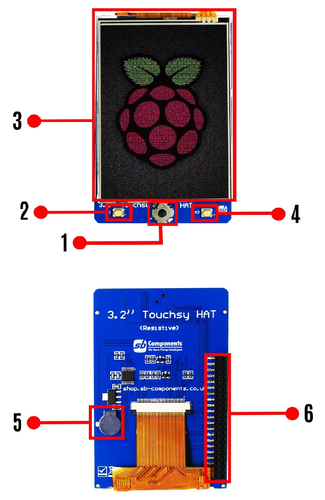 Touchsy HAT - overlay s 3,2'' LCD dotykovým displejem 320 x 240 px pro Raspberry Pi - SB Components 26418 - uspořádání prvků na desce