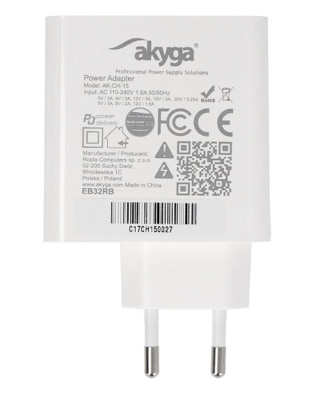 USB A USB C napájení - 5 - 20 V / 1,5 - 3,25 A - bílá - Akyga AK-CH-15