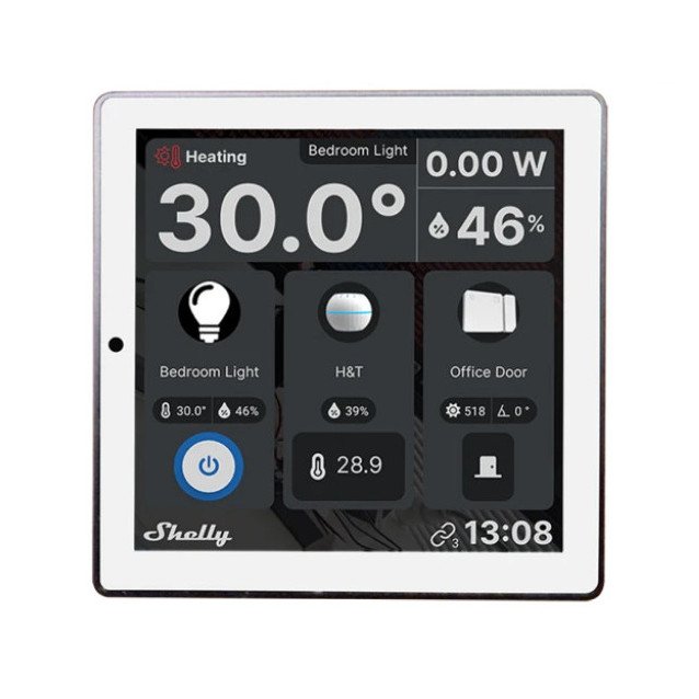 Nástěnný displej Shelly – inteligentní ovládací panel s 5A přepínačem a barevným displejem WiFi/Bluetooth – bílý