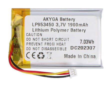 Akyga Li-Pol baterie 1900 mAh 1S 3,7 V - 3pinový JST konektor - 50 x 34 x 5,5 mm