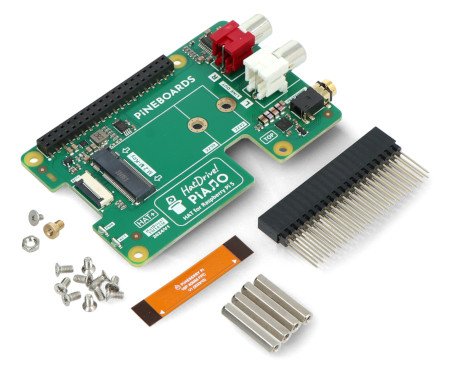 Pineboards HatDrive! Piano - NVMe 2230, 2242 + RCA + Jack 3,5 mm adaptér pro Raspberry Pi 5