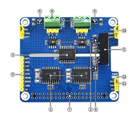 CAN Expansion HAT - 2-kanálový izolovaný CAN štít pro Raspberry Pi - MCP2515 + SN65HVD230 - Waveshare 17912