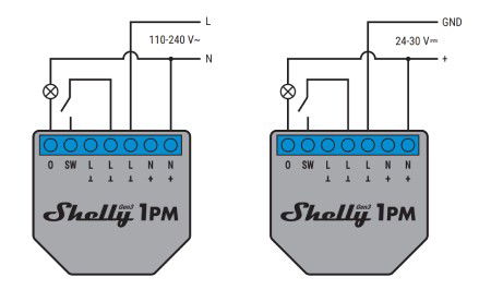 Shelly 1PM Gen3 - 1x relé AC 110 - 240 V, DC 24 - 30 V, WiFi 16 A - měření energie - Android / iOS aplikace