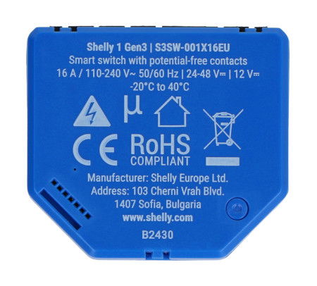 Shelly 1 Gen3 - relé 12 V / 24 V - 48 V DC / 240 V AC WiFi / Bluetooth 16 A - aplikace pro Android / iOS