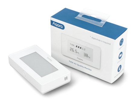 Bílé čidlo kvality vzduchu s displejem leží na bílém pozadí spolu s krabičkou.